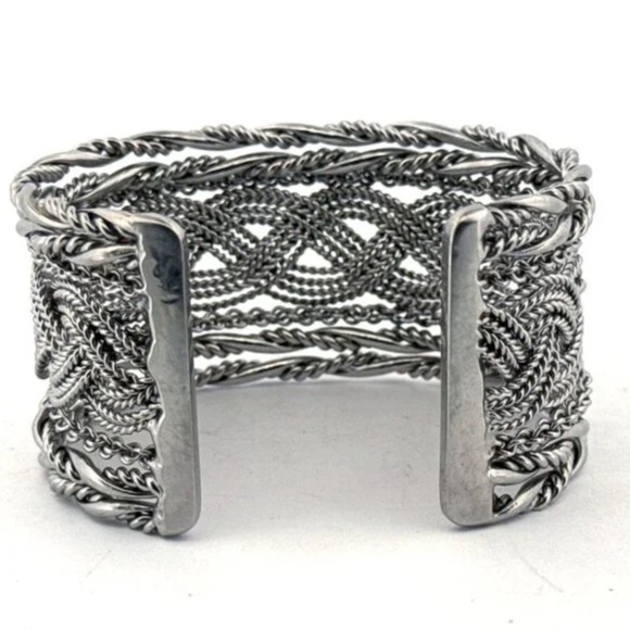Estate Fashion Silver Tone Braided Rope Cuff Bracelet 6" Wide 41.9g Statement - Picture 3 of 4
